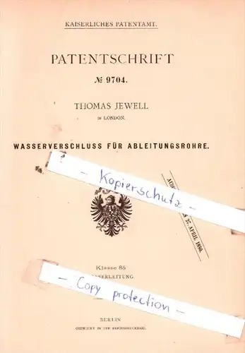 Original Patent  -  Thomas Jewell in London , 1879 , Wasserverschluß für Ableitungsrohre !!!