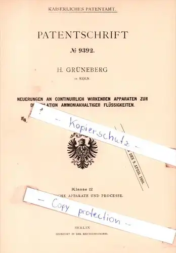 Original Patent  - H. Grüneberg in Köln , 1879 , Neuerungen an continuirlich wirkenden Apparaten !!!