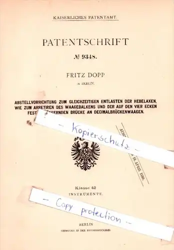 Original Patent  - Fritz Dopp in Berlin , 1879 , Entlasten der Hebelaxen !!!