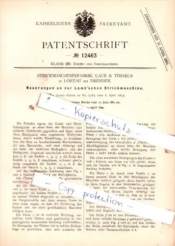 Original Patent  - Strickmaschinenfabrik, Laue & Timaeus in Löbtau bei Dresden , 1880 , !!!