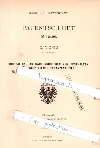 Original Patent  - C. Voos in Solingen , 1880 , Vorrichtung an Gartenscheeren  !!!