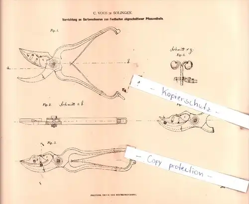 Original Patent  - C. Voos in Solingen , 1880 , Vorrichtung an Gartenscheeren  !!!