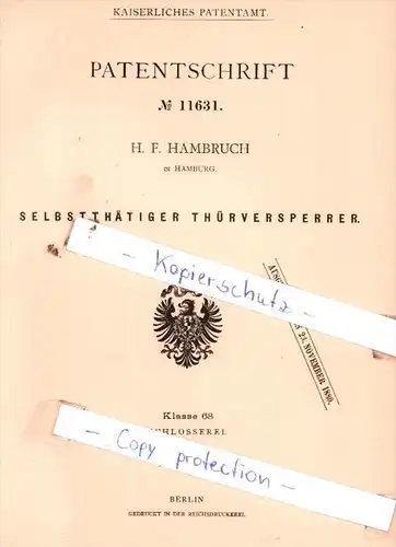 Original Patent  - H. F. Hambruch , 1880 , Selbstthätiger Thürversperrer !!!