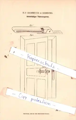 Original Patent  - H. F. Hambruch , 1880 , Selbstthätiger Thürversperrer !!!