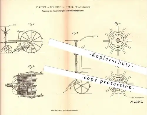 original Patent - C. Keibel , Folsong Tauer , Preussen 1886 , doppelscharige Kartoffel - Erntemaschinen | Landwirtschaft