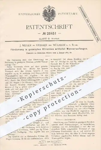 original Patent - J. Meyer , Heissen , Mülheim / Ruhr , 1884 , Förderung mittels Wasseraufzug | Bergbau , Tagebau !!!
