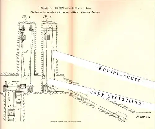 original Patent - J. Meyer , Heissen , Mülheim / Ruhr , 1884 , Förderung mittels Wasseraufzug | Bergbau , Tagebau !!!