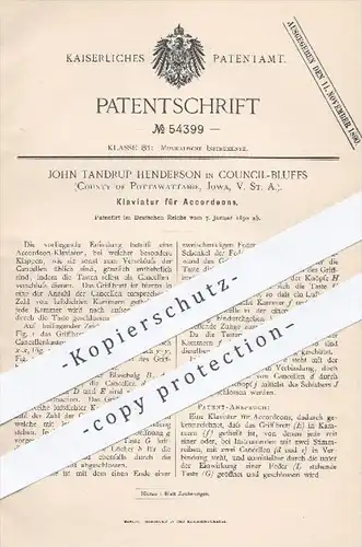original Patent - John Tandrup Henderson , Council Bluffs , Pottawattamie , Jowa USA , 1890 , Klaviatur für Akkordeon