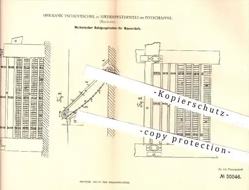 original Patent - H. Tschentschel , Niederpesterwitz / Potschappel , 1884 , Reinigungsrechen für Wasserläufe | Turbinen
