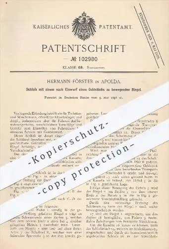 original Patent - Hermann Förster in Apolda , 1898 , Schloss mit Geldeinwurf zur Entriegelung | Schlosser , Münzschloss