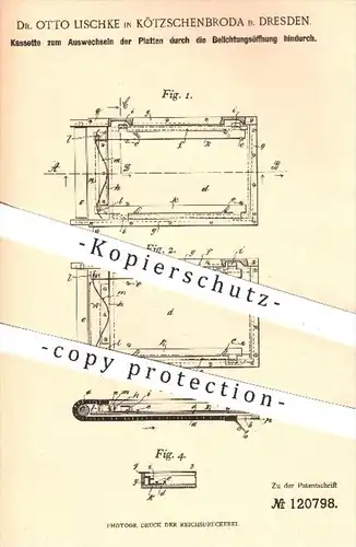 original Patent - Dr. O. Lischke , Kötzschenbroda Dresden 1900 , Kassette f. Belichtung | Kamera , Fotograf , Fotografie