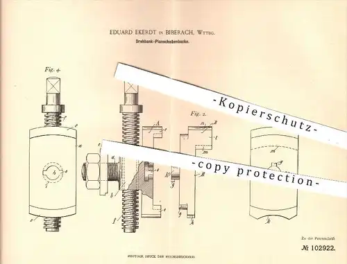 original Patent - Eduard Ekerdt , Biberach , 1898 , Drehbank - Planscheibenbacke | Dreher , Metall , Metallbearbeitung !