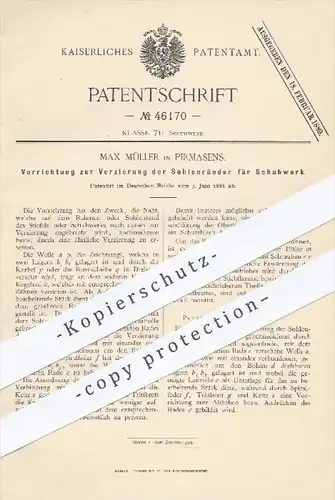 original Patent - Max Müller , Pirmasens , 1888 , Verzierung der Sohlenränder für Schuhwerk | Schuster , Schuhe , Schuh