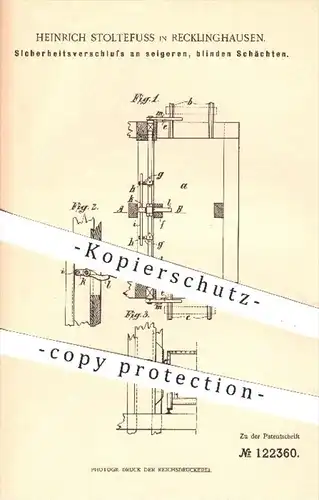 original Patent - Heinr. Stoltefuss , Recklinghausen , 1900 , Sicherheitsverschluss an blinden Schächten | Förderschacht