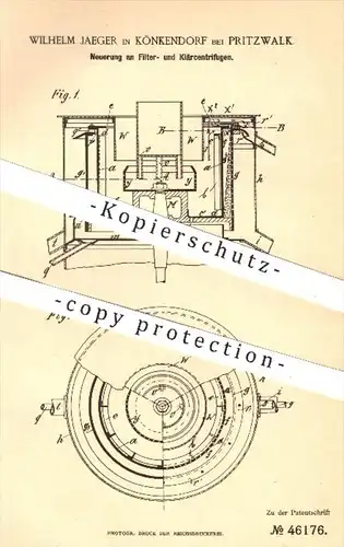 original Patent - Wilhelm Jaeger , Könkendorf / Pritzwalk , 1888 , Zentrifuge zum Filtern u. Klären | Zentrifugen !!!