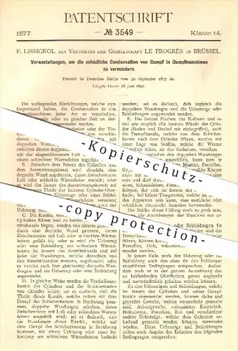 original Patent - E. Lissignol , Ges. le Progrés  Brüssel 1877 , Vermindern der Kondensation von Dampf in Dampfmaschinen