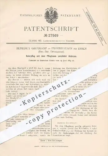 original Patent - Benedict Grotkamp , Frohnshausen / Essen / Düsseldorf 1883 , Kehrpflug mit Pflugbaum | Pflug , Pflügen