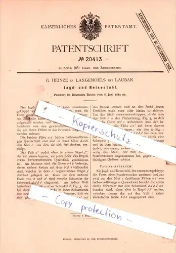 Original Patent  - G. Heinze in Langenoels bei Lauban , 1882 , Jagd- und Reisestuhl !!!