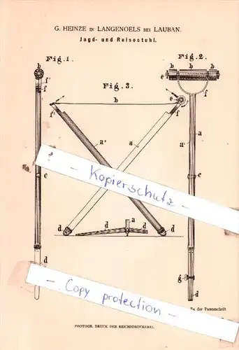 Original Patent  - G. Heinze in Langenoels bei Lauban , 1882 , Jagd- und Reisestuhl !!!