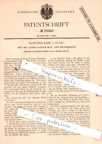 Original Patent  - Gebrüder Rabe in Hanau , 1882 , Uhren !!!