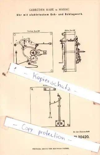 Original Patent  - Gebrüder Rabe in Hanau , 1882 , Uhren !!!