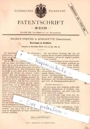 Original Patent  - W. Sträubig in Königshütte , Oberschlesien , 1882 , Neuerungen an Scrubbern !!!