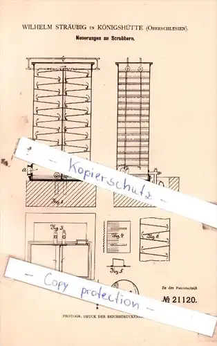 Original Patent  - W. Sträubig in Königshütte , Oberschlesien , 1882 , Neuerungen an Scrubbern !!!