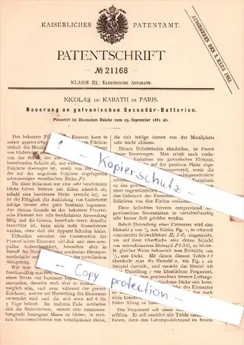 Original Patent  -  Nicolas de Kabath in Paris , 1881 ,  Neuerung an Secundär-Batterien !!!