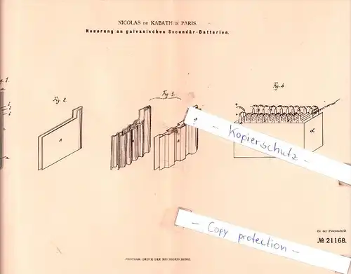 Original Patent  -  Nicolas de Kabath in Paris , 1881 ,  Neuerung an Secundär-Batterien !!!