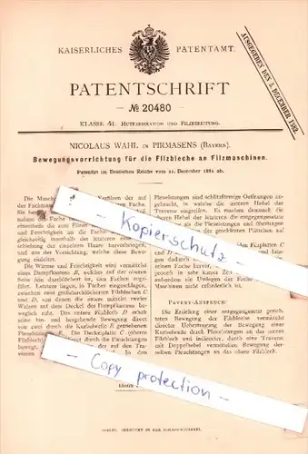 Original Patent  - Nicolaus Wahl in Pirmasens , Bayern , 1881 , Hutfabrikation !!!