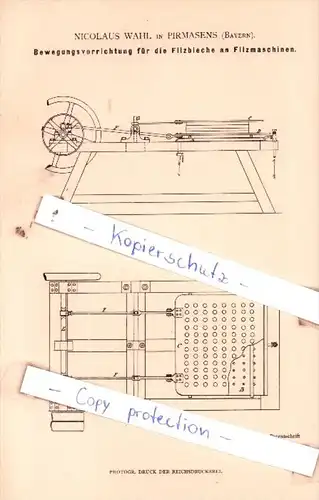 Original Patent  - Nicolaus Wahl in Pirmasens , Bayern , 1881 , Hutfabrikation !!!