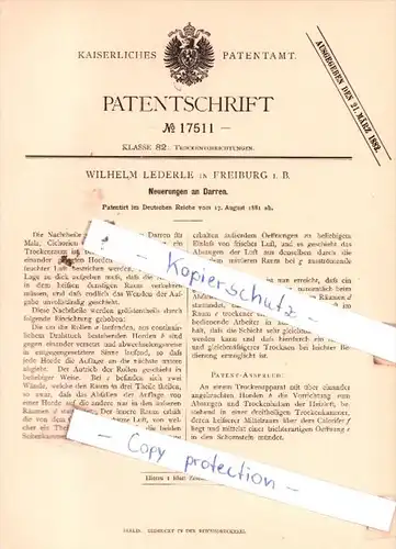 Original Patent  - Wilhelm Lederle in Freiburg i. B. , 1881 , Neuerungen an Darren !!!