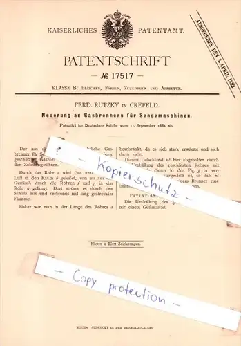 Original Patent  - Ferd. Rutzky in Crefeld , 1881 , Bleichen, Färben, Zeugdruck !!!