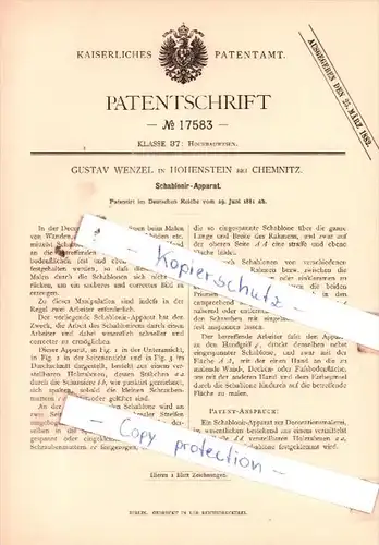 Original Patent  - Gustav Wenzel in Hohenstein bei Chemnitz , 1881 , Schablonir-Apparat !!!