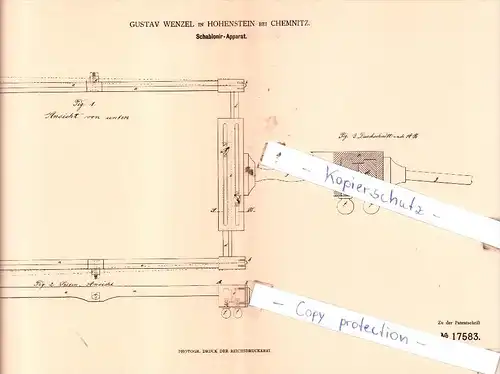 Original Patent  - Gustav Wenzel in Hohenstein bei Chemnitz , 1881 , Schablonir-Apparat !!!