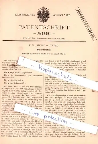 Original Patent  - F. M. Jahnel in Zittau , 1881,  Waschmaschine !!!