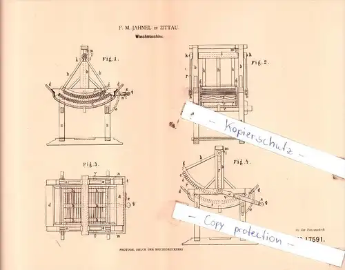 Original Patent  - F. M. Jahnel in Zittau , 1881,  Waschmaschine !!!