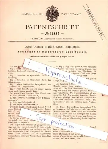 Original Patent  - Louis Gobiet in Düsseldorf-Oberbilk , 1882 , Wasserröhren-Dampfkesseln !!!