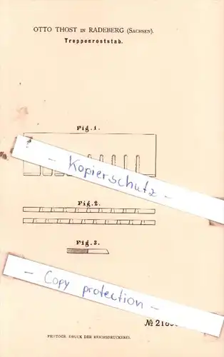 Original Patent  - Otto Thost in Radeberg , Sachsen , 1882 , Treppenroststab !!!