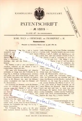 Original Patent  -  Karl Baus in Oberursel bei Frankfurt a. M. , 1880 , Riemenverbinder !!!
