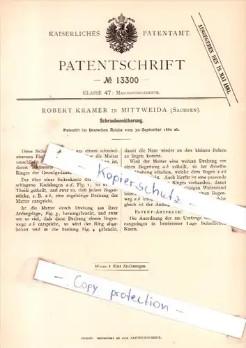 Original Patent  - Robert Kramer in Mittweida , Sachsen , 1880 , Schraubensicherung !!!
