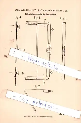 Original Patent  - E. Wellhausen & Co. in Offenbach  , 1883 , Sicherheitsverschluß für Taschenbügel !!!