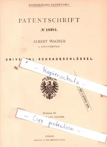 Original Patent  - Albert Wagner in Radevormwald , 1880 , Universal- Schraubschlüssel !!!