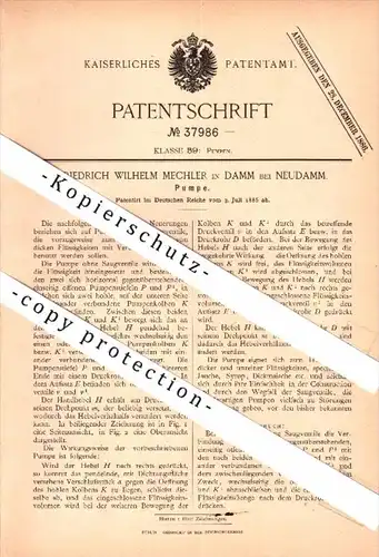 original Patent - W. Mechler in Damm bei Neudamm / Debno , 1889 , Pumpe , Pumpenbau !!!