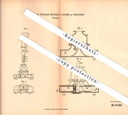 original Patent - W. Mechler in Damm bei Neudamm / Debno , 1889 , Pumpe , Pumpenbau !!!