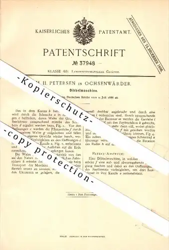 Original Patent - M. Petersen in Ochsenwärder b. Hamburg ,1886, Dibbelmaschine für Landwirtschaft , Agrar , Ochsenwerder