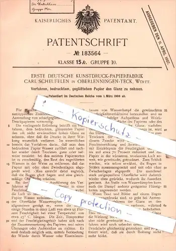 Original Patent - Erste Kunstdruck-Papierfabrik C. Scheufelen in Oberlenningen-Teck / Lenningen , Württ. , 1906 !!!