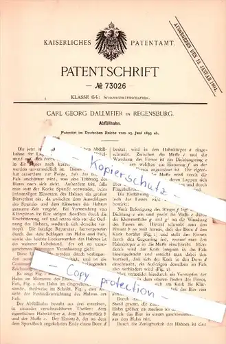 Original Patent  - Carl Georg Dallmeier Regensburg , 1893 , Abfüllhahn !!!