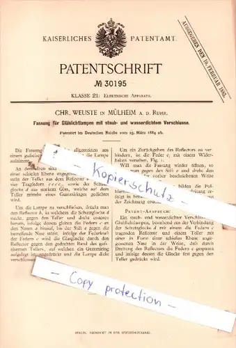 Original Patent  - Chr. Weuste in Mülheim a. d. Ruhr , 1884 , Fassung für Glühlichtlampen !!!