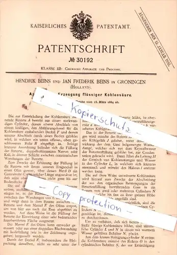 Original Patent  - H. und J. F. Beins in Groningen , Holland , 1884 , Chemische Apparate !!!